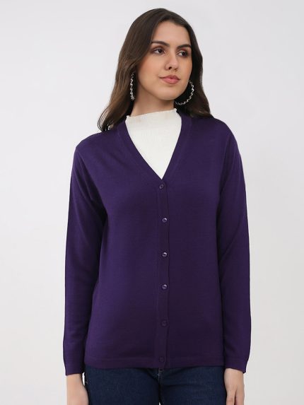 Luxuria Women Purple Solid V Neck Full Sleeve Cardigan