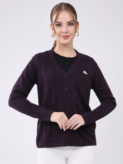 Women Purple Self Design V Neck Full Sleeve Cardigan