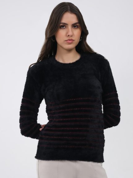 Women Black Printed Round Neck Full Sleeve Winter Top