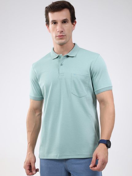 Men Sea Green Solid Collar Half Sleeve T-Shirt