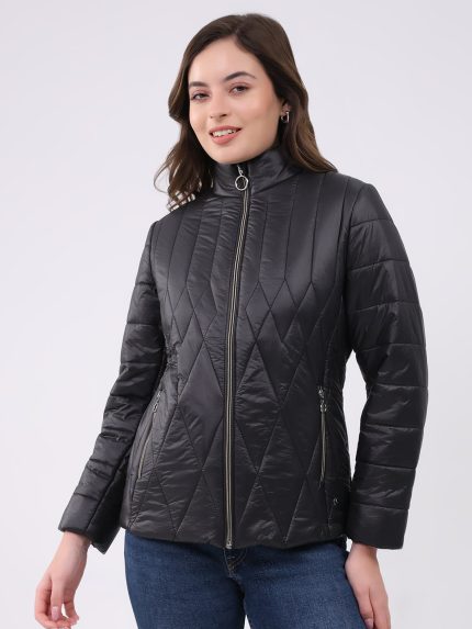 Women Black Solid Mock Neck Full Sleeve Jacket