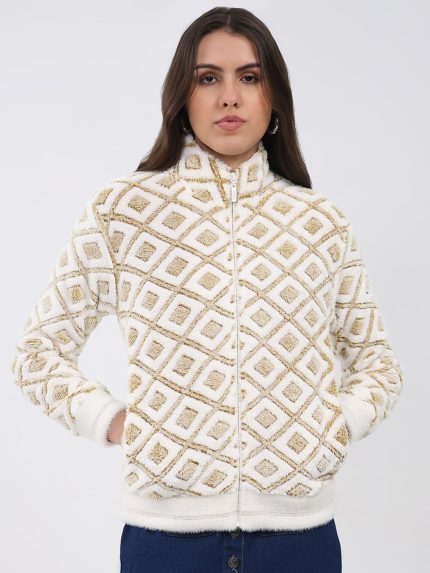 Women Mustard Printed Round Neck Full Sleeve Sweatshirt