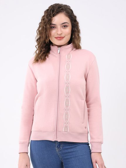 Women Pink Solid Mock Neck Full Sleeve Sweatshirt