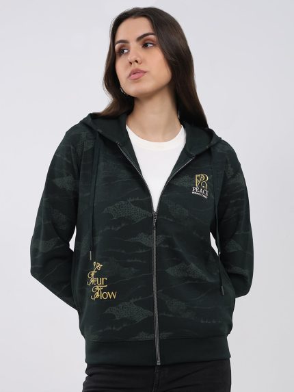 Women Dark Green Printed Hooded Full Sleeve Sweatshirt