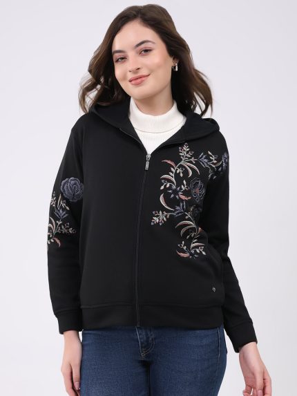 Women Black Embroidered Hooded Full Sleeve Sweatshirt