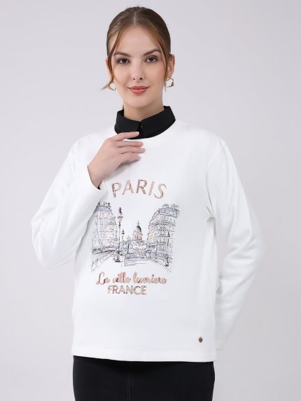 Women Off White Printed Round Neck Full Sleeve Winter Top