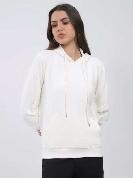 Women White Printed Hooded Full Sleeve Winter Top