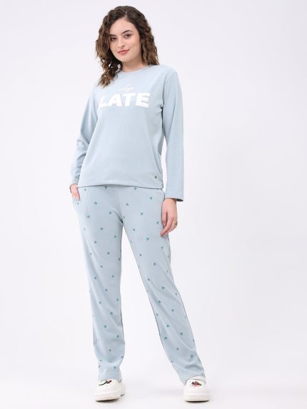 Women Blue Printed Round Neck Full Sleeve Lower Set