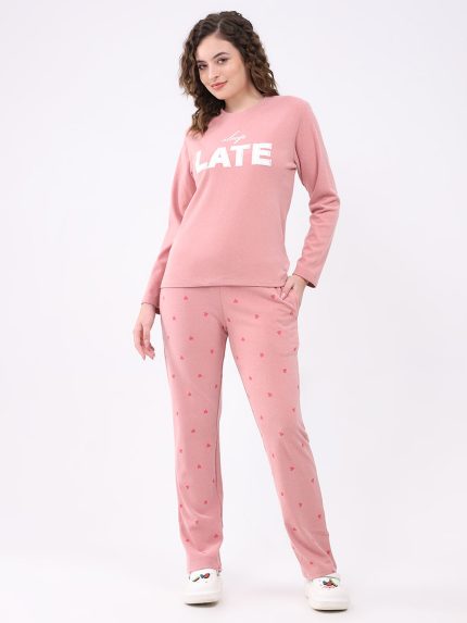 Women Pink Printed Round Neck Full Sleeve Lower Set