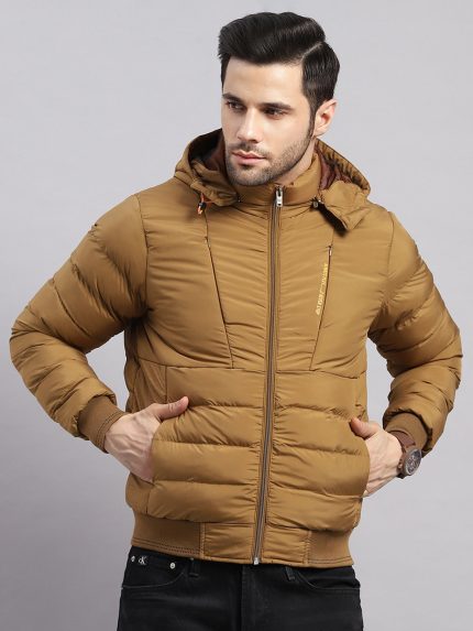 Men Khaki Solid Hooded Full Sleeve Jacket