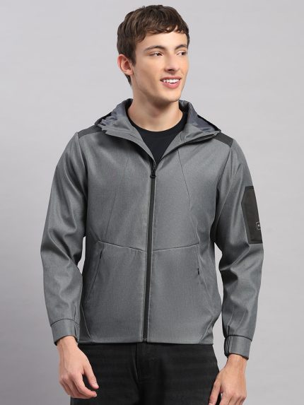 Men Grey Solid Hooded Full Sleeve Jacket