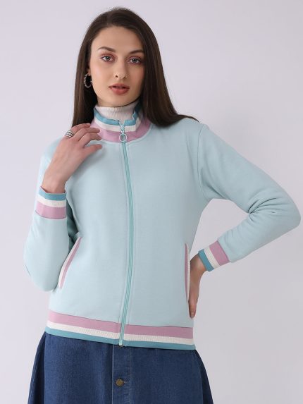 Women Blue Solid Mock Neck Full Sleeve Sweatshirt