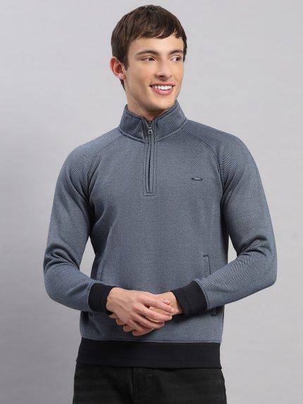Men Blue Solid Collar Full Sleeve Sweatshirt